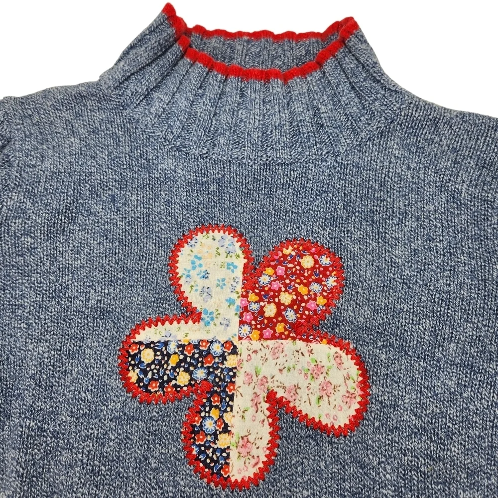Knitty Gritty Girls Sweater Blue Mock Neck Medium Flower Patch Hippie Boho